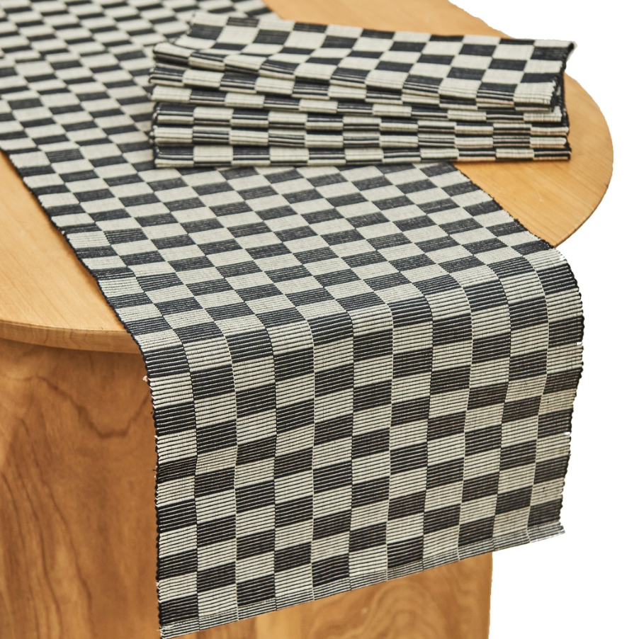 Handloomed Checkered Table Runner - Black